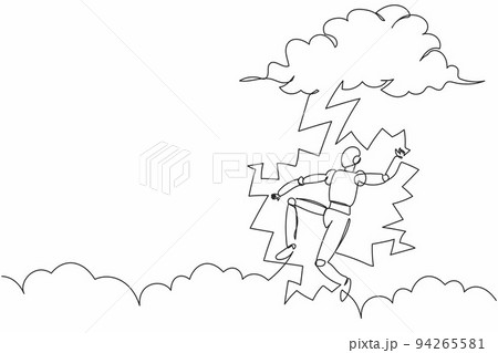 Single continuous line drawing robot struck by lightning from dark cloud. Bad luck, misery, disaster. Robotic artificial intelligence. Technology industry. One line graphic design vector illustration Single continuous line drawing robot struck by lightning from dark cloud. Bad luck, misery, disaster. Robotic artificial intelligence. Technology industry. One line graphic design vector illustration 94265581
