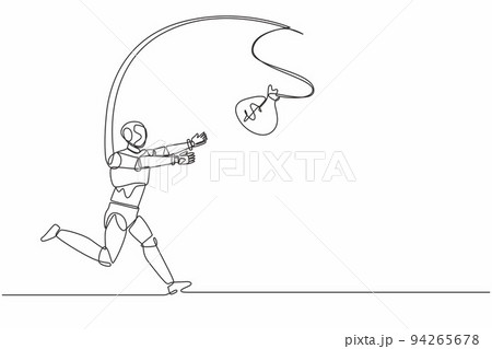 Single one line drawing robot chasing bag of money. Foolishness, stupidity. Future technology development. Artificial intelligence and machine learning. Continuous line draw design vector illustration Single one line drawing robot chasing bag of money. Foolishness, stupidity. Future technology development. Artificial intelligence and machine learning. Continuous line draw design vector illustration 94265678