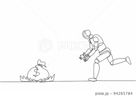 Continuous one line drawing robot running to catch money bag in the steel bear trap. Humanoid robot cybernetic organism. Future robotic development. Single line draw design vector graphic illustration Continuous one line drawing robot running to catch money bag in the steel bear trap. Humanoid robot cybernetic organism. Future robotic development. Single line draw design vector graphic illustration 94265784