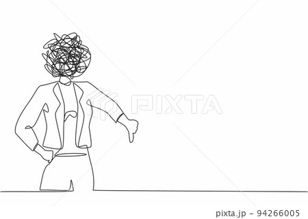 Single one line drawing businesswoman with round scribbles instead of a head. Confused female showing thumbs down sign, dislike, disapproval, disagreement. Continuous line draw design graphic vector Single one line drawing businesswoman with round scribbles instead of a head. Confused female showing thumbs down sign, dislike, disapproval, disagreement. Continuous line draw design graphic vector 94266005