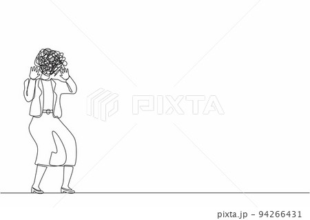 Single one line drawing businesswoman with round scribbles instead of head. Woman shocked. Stop gesture with palm hands, shouting. Human emotions, expressions. Continuous line design graphic vector Single one line drawing businesswoman with round scribbles instead of head. Woman shocked. Stop gesture with palm hands, shouting. Human emotions, expressions. Continuous line design graphic vector 94266431