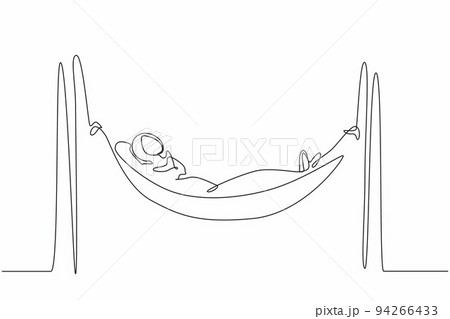 Single continuous line drawing Arab businesswoman is lying in hammock and dreaming about big money. Comfort and recreation. Achieve financial freedom. One line draw graphic design vector illustration 94266433