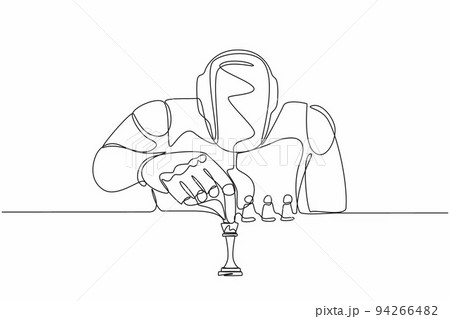 Single continuous line drawing robots sitting and moving chess figure. Modern robotics artificial intelligence technology. Electronic technology industry. One line graphic design vector illustration Single continuous line drawing robots sitting and moving chess figure. Modern robotics artificial intelligence technology. Electronic technology industry. One line graphic design vector illustration 94266482