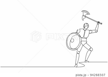 Single continuous line drawing robot with axe and shield furiously attacks. Modern robotics artificial intelligence technology. Electronic technology industry. One line draw design vector illustration Single continuous line drawing robot with axe and shield furiously attacks. Modern robotics artificial intelligence technology. Electronic technology industry. One line draw design vector illustration 94266507