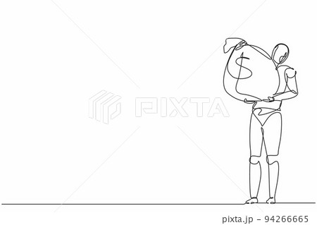 Single one line drawing robot carrying big heavy sack full cash money. Future technology development. Artificial intelligence and machine learning process. Continuous line draw design graphic vector Single one line drawing robot carrying big heavy sack full cash money. Future technology development. Artificial intelligence and machine learning process. Continuous line draw design graphic vector 94266665