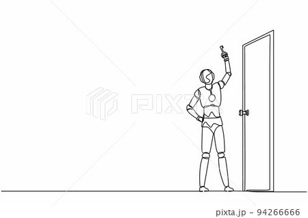 Single one line drawing robot lifting up key in front of door. Future technology development. Artificial intelligence machine learning process. Continuous line draw design graphic vector illustration Single one line drawing robot lifting up key in front of door. Future technology development. Artificial intelligence machine learning process. Continuous line draw design graphic vector illustration 94266666