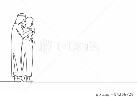 Single one line drawing back view happy Arab man woman embracing and hugging, loving couple. Male female hug rear view. Love, connection, romance feelings. Continuous line draw design graphic vector 94266729