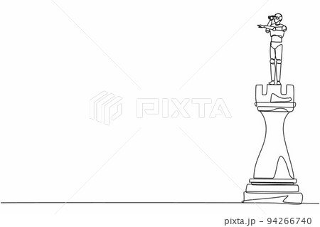 Single one line drawing robot on top of big rook chess piece using monocular. Future technology development. Artificial intelligence and machine learning process. Continuous line design graphic vector Single one line drawing robot on top of big rook chess piece using monocular. Future technology development. Artificial intelligence and machine learning process. Continuous line design graphic vector 94266740