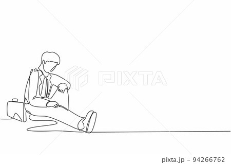 Single one line drawing depressed businessman with briefcase sitting in despair on the floor. Entrepreneur sad gesture expression. Professional burnout syndrome. Continuous line graphic design vector 94266762