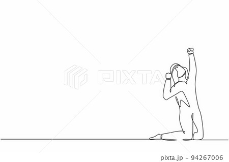 Single one line drawing happy Arabian businessman kneeling with raised one hand high and raised other. Salesman celebrates salary increase from company. Continuous line draw design vector illustration Single one line drawing happy Arabian businessman kneeling with raised one hand high and raised other. Salesman celebrates salary increase from company. Continuous line draw design vector illustration 94267006