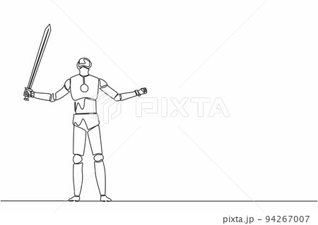Continuous one line drawing robots standing and lifting up big sword. Humanoid robot cybernetic organism. Future robotics development concept. Single line draw design vector graphic illustration 94267007