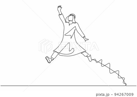 Continuous one line drawing happy Arab businessman jumping with spreads both legs and raises one hand. Salesman celebrates salary increase from company. Single line design vector graphic illustration 94267009