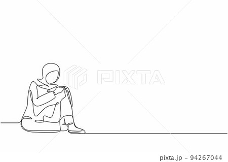 Continuous one line drawing very sad Arab businesswoman sitting alone on floor. Depressed young woman disorder, sad, sorrow, disappointment symptom. Single line draw design vector graphic illustration 94267044