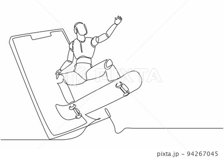 Continuous one line drawing robot come out from cellular phone and jump with skateboard. Humanoid robot cybernetic organism. Future robotics development concept. Single line draw design vector graphic 94267045