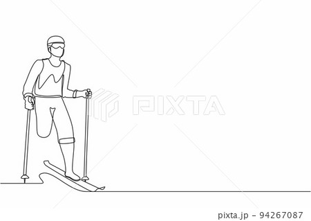 Single one line drawing male athlete skier...のイラスト素材 [94267087] - PIXTA