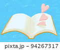 パステル風で、開いた本からピンクの可愛いハートが3つ飛び出ている背景素材 94267317