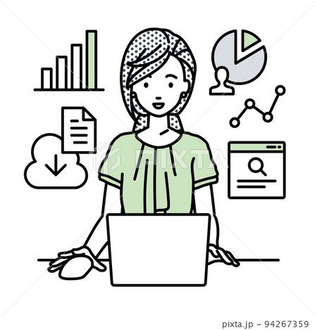 デスクでPCを前にリサーチ・データ分析・レポート作成をしているオフィスカジュアルの女性 94267359