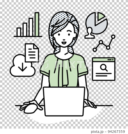 デスクでPCを前にリサーチ・データ分析・レポート作成をしているオフィスカジュアルの女性 94267359