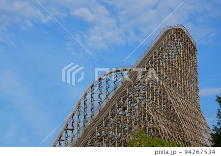 wooden roller coaster. View on the construction of a large wooden rollercoaster wooden roller coaster. View on the construction of a large wooden rollercoaster 94267534