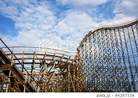 wooden roller coaster. View on the construction of a large wooden rollercoaster 94267536