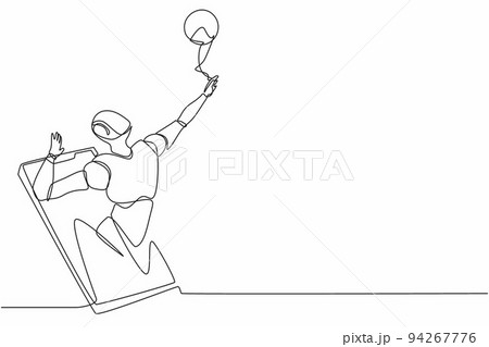 Single one line drawing robot come out from cellular phone and doing smash volleyball. Future technology development. Artificial intelligence, machine learning process. Continuous line design vector 94267776