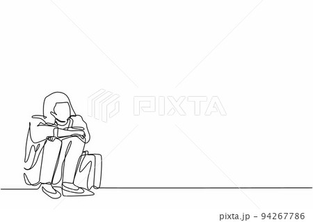 Continuous one line drawing depressed businesswoman suffer emotion sadness melancholy stress with briefcase sitting in despair on the floor. Worker feeling blue, stress. Single line draw design vector Continuous one line drawing depressed businesswoman suffer emotion sadness melancholy stress with briefcase sitting in despair on the floor. Worker feeling blue, stress. Single line draw design vector 94267786