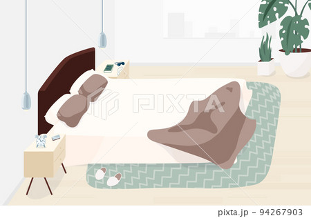 Bedroom interior design vector illustration in minimal modern flat style. Light scandinavian room with big bed, bedside tables, lamps, plants, carpet 94267903