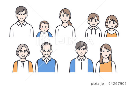 三世代家族のシンプルな顔アイコンのセット 94267905