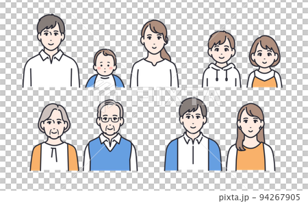 三世代家族のシンプルな顔アイコンのセット 94267905