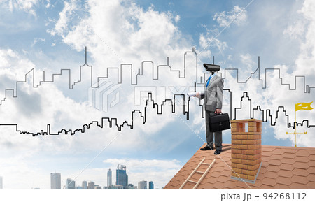 Concept of home security and privacy protection with camera headed man Concept of home security and privacy protection with camera headed man 94268112
