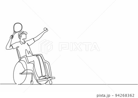 Single continuous line drawing male athlete with disability playing tennis sitting in wheelchair.  sportsman holding racket and serve the ball. One line draw graphic design vector illustration 94268362