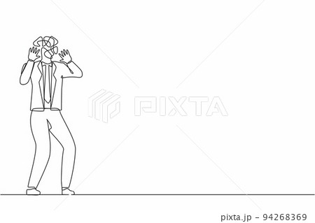 Single one line drawing businessman with round scribbles instead of head. Man shocked. Stop gesture with palm hands, shouting. Human emotions, expressions. Continuous line draw design graphic vector Single one line drawing businessman with round scribbles instead of head. Man shocked. Stop gesture with palm hands, shouting. Human emotions, expressions. Continuous line draw design graphic vector 94268369