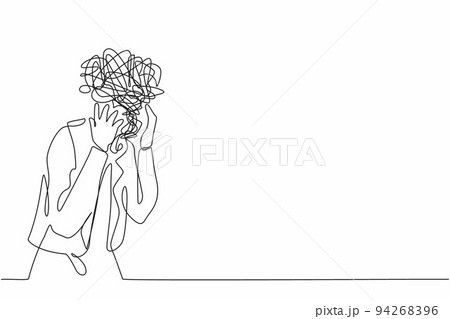 Single one line drawing businesswoman with round scribbles instead of head. Distressed worker hand on head gesture have overwork. Woman suffer headache, workload. Continuous line design graphic vector Single one line drawing businesswoman with round scribbles instead of head. Distressed worker hand on head gesture have overwork. Woman suffer headache, workload. Continuous line design graphic vector 94268396