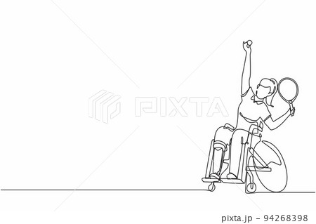 Single continuous line drawing wheelchair tennis sport.  athlete in wheelchair with racket. Active people. Woman. Disability, social policy. Social support. One line draw graphic design vector 94268398