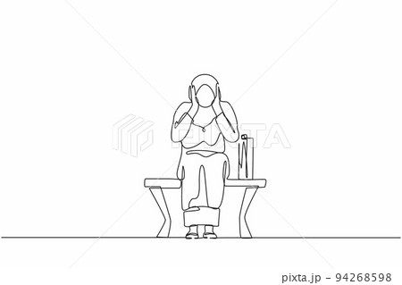Single one line drawing sad Arabian businesswoman, depression. Lonely woman sitting on park bench. Young female character holding her head. Failure concept. Continuous line draw design vector graphic 94268598