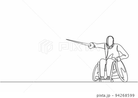 Single continuous line drawing disabled fencing young man in a wheelchair. Disability swordsman with rapier. Concept for sport, summer games, recovery, swordplay. One line draw graphic design vector Single continuous line drawing disabled fencing young man in a wheelchair. Disability swordsman with rapier. Concept for sport, summer games, recovery, swordplay. One line draw graphic design vector 94268599