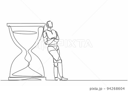 Single one line drawing robot lean on giant hourglass. Future technology development. Artificial intelligence and machine learning process. Continuous line draw design graphic vector illustration Single one line drawing robot lean on giant hourglass. Future technology development. Artificial intelligence and machine learning process. Continuous line draw design graphic vector illustration 94268604
