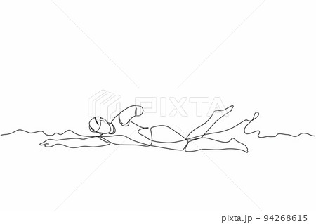 Single continuous line drawing young male athlete with disabilities playing in swimming at tournament games. Disabled sport, success, championship. One line draw graphic design vector illustration 94268615