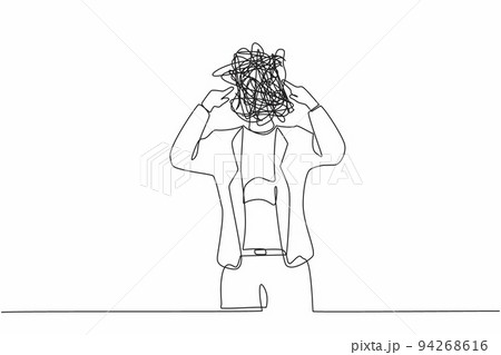 Single continuous line drawing businesswoman with round scribbles instead of head. Office worker covering her ears with fingers. Person closing ear for loud noise. One line draw graphic design vector 94268616