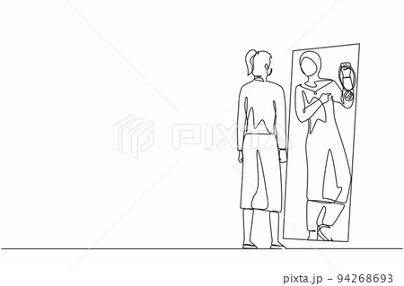 Continuous one line drawing Arabian businesswoman looking at mirror and seeing in reflection of herself with holding gold medal, person overestimate herself, self confidence. Single line design vector Continuous one line drawing Arabian businesswoman looking at mirror and seeing in reflection of herself with holding gold medal, person overestimate herself, self confidence. Single line design vector 94268693