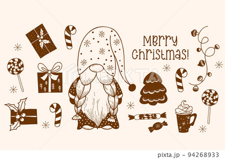 Doodles set with cute scandinavian gnome with Christmas tree, garland, gifts, gingerbread, lollipop, candy, dessert and caramel stick. Vector isolated hand drawings for holiday decor and design 94268933