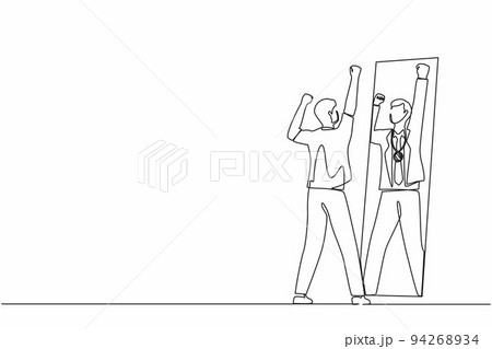 Single one line drawing narcissistic businessman looking at mirror and seeing in reflection of himself with gold medal, person overestimate himself, self confidence. Continuous draw line design vector 94268934