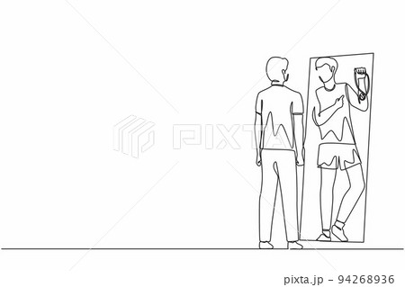 Single continuous line drawing businessman looking at mirror and seeing in reflection of himself with holding gold medal, person overestimate himself, self confidence. One line graphic design vector 94268936