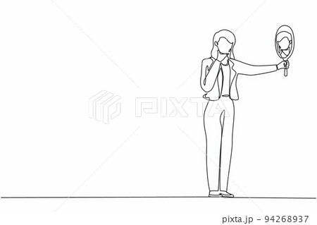 Single one line drawing businesswoman holding hand mirror. Female manager with hand mirror. Woman looking at herself in mirror. Narcissism and reflection concept. Continuous line draw design vector 94268937