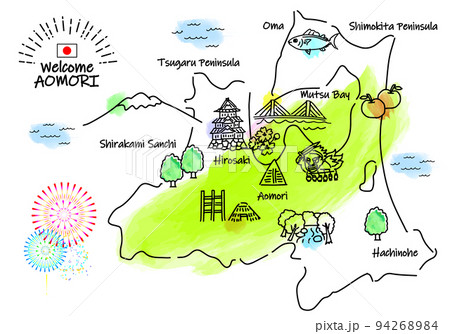 青森の観光地シンプル線画イラストマップ