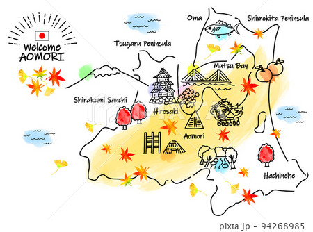 秋の青森の観光地シンプル線画イラストマップ 秋の青森の観光地シンプル線画イラストマップ 94268985
