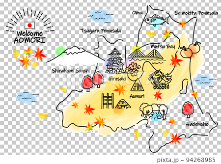 秋の青森の観光地シンプル線画イラストマップ 秋の青森の観光地シンプル線画イラストマップ 94268985