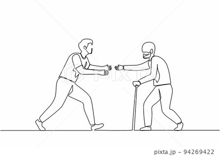Continuous one line drawing happy man running to meet grandfather. Vacation at grandparents home. Father, senior male, retired, summertime, holiday. Single line draw design vector graphic illustration 94269422