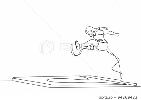 Single one line drawing female athlete amputee on prosthetic leg long jump competition at athletics. Long jump disability games. Disabled sport. Continuous line draw design graphic vector illustration 94269423