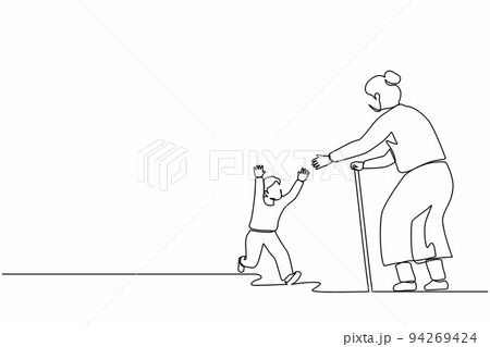 Single continuous line drawing joyful little boy meeting their grandparents. Happy family visiting grandfather and grandmother. Grandson running to hug grandma. One line design vector illustration 94269424